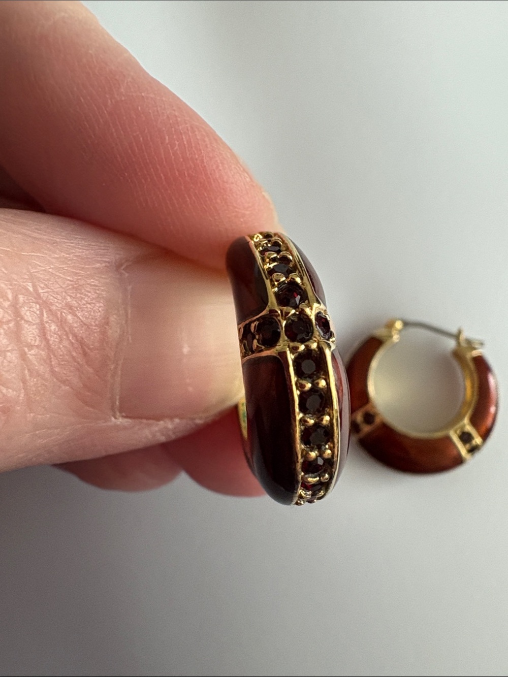 Vintage Enamel Earrings with Dark Ruby color Stones and Gold Finish - Picture 7 of 10